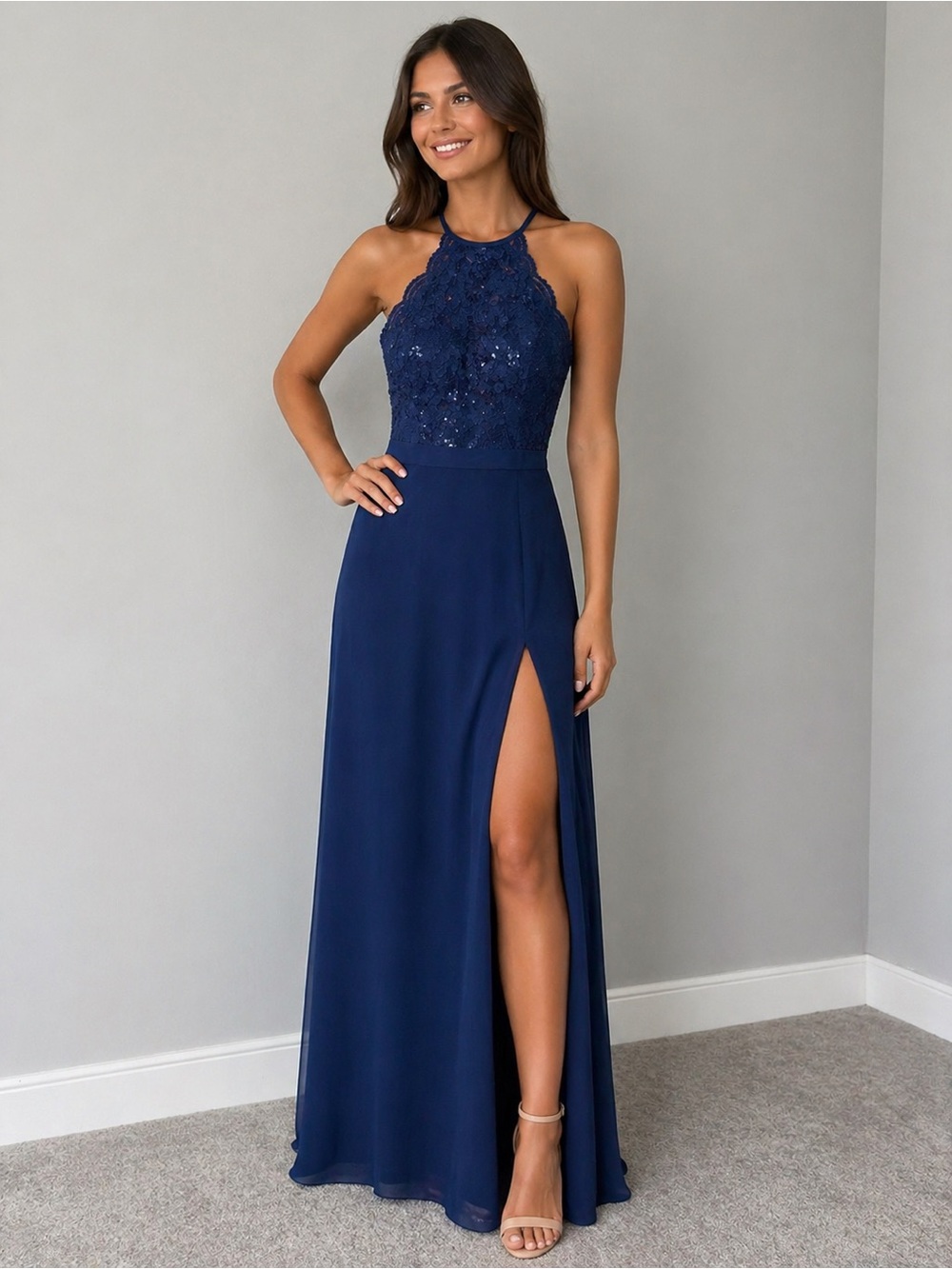 Morgan & Co Blue Sequin Halter Gown Prom Formal Dress Y2K Glam Size 3